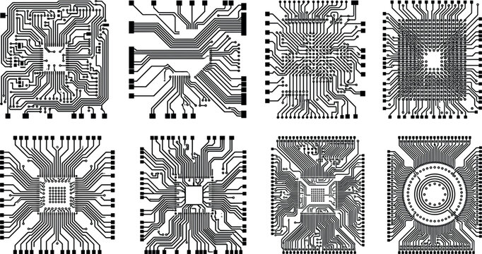 Intricate Black and White Electronic Circuit Board Pattern Set with Detailed PCB Traces, Complex Microchip Paths, and High Tech Hardware Infrastructure Texture Backgrounds