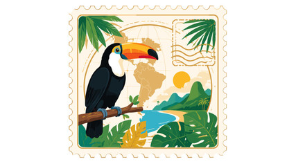 Fototapeta premium Tropical toucan postage stamp with beach and map illustration