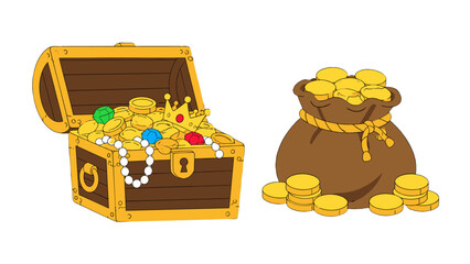 Cartoon treasure chest and coin bag with gold and jewels © icon_art