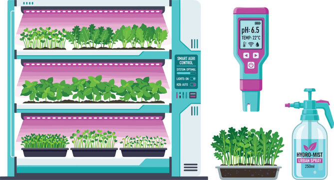Smart Indoor Hydroponic Farming System Vector Illustration with Grow LED Lights Digital pH Meter and Water Spray Bottle Design