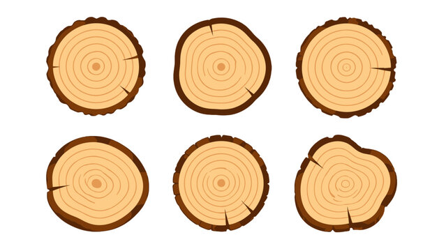 Cartoon tree trunk rings and wood slice icon set