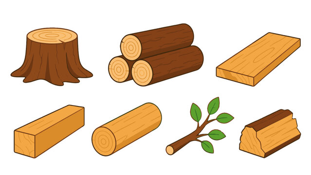 Set of tree stump, logs, plank, beam, branch and split wood