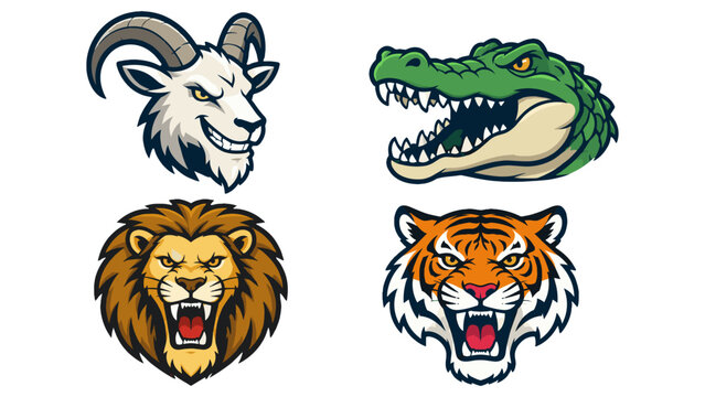 Vector mascot set of mountain goat, alligator, lion, and tiger heads