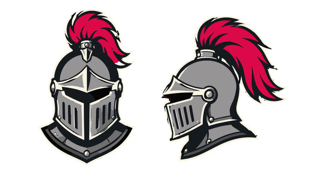 Medieval knight helmet mascots in front and side view