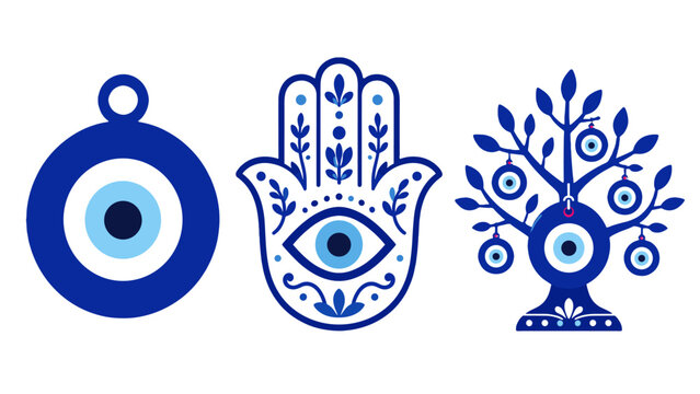 Blue evil eye, hamsa hand and eye tree vector symbols