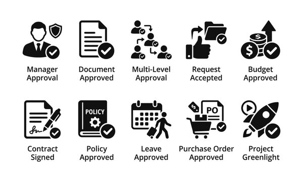 business management and workflow approval solid vector icon set. Project greenlight budget and contract signed symbols. Concept for corporate HR UI UX web design.
