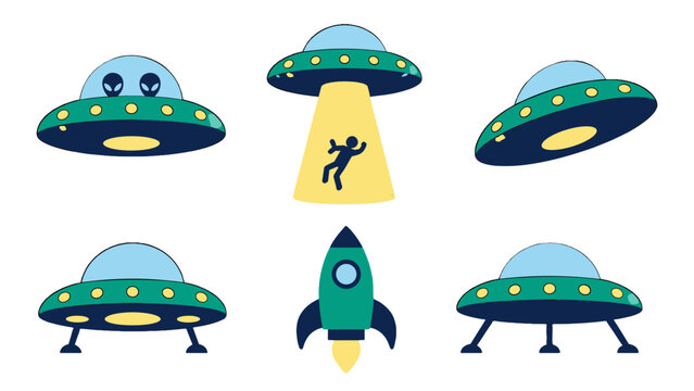 Cartoon flying saucers and rocket set with abduction beam
