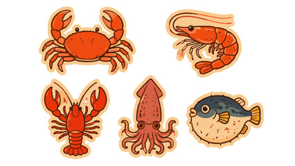 Hand drawn marine animal sticker set with crab shrimp lobster squid and pufferfish © icon_art