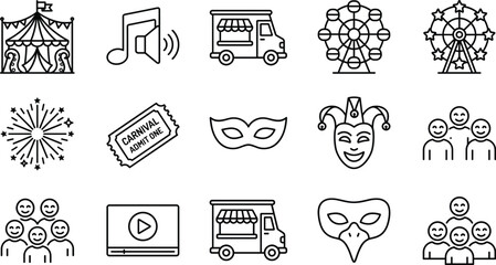 Carnival and amusement park outline icon set featuring circus tent, ferris wheel, masks, and food trucks. © MstShapla