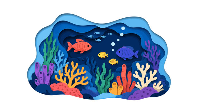Papercut underwater scene with fish coral and seaweed layers