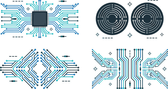 Abstract Electronic Circuit Board Icon Set with Cyan and Grey PCB Traces, Circular Hardware Tracks, Central CPU Microchip Processors, and Digital Technology Graphic Vectors