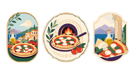 Set of pizza themed vintage labels with Mediterranean scenery