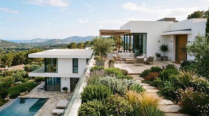 Fototapeta premium Modern Luxury Villa with Infinity Pool: An architectural marvel, this contemporary villa boasts clean lines, expansive glass walls.
