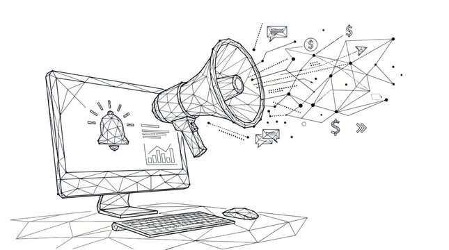 A computer monitor displays a bell icon with a megaphone announcing news to a network.
