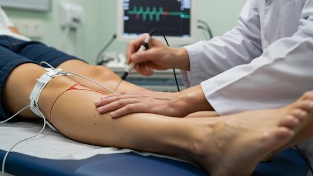 Doctor performing EMG nerve conduction test on patient's leg