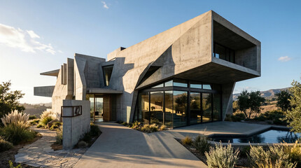 Fototapeta premium Futuristic Concrete Home: A striking, modern concrete residence with bold geometric lines and expansive glass windows is nestled into a sun-drenched hillside.