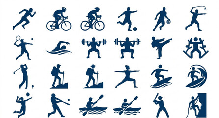 Fototapeta premium Dark blue athlete and sports activity silhouette icon set