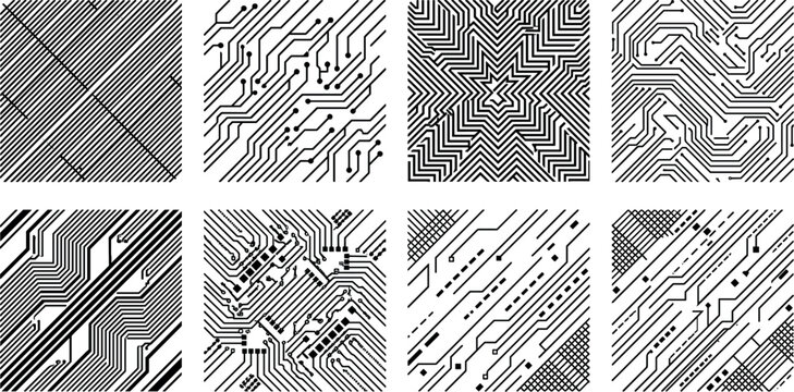 Square Abstract Electronic Circuit Board Pattern Set with Black and White PCB Traces, Geometric Microchip Paths, and High Tech Hardware Infrastructure Texture Backgrounds