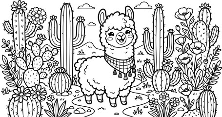 Obraz premium Llama desert scene coloer page vector illustration for kids activity books and coloring pages