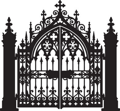 Gothic wrought iron gate silhouette with ornate filigree design and cemetery pillars vector illustration isolated on transparent background.