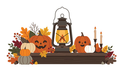 Fototapeta premium Halloween decoration with pumpkins, fall leaves, candles, and lantern on wooden ledge festive autumn display.