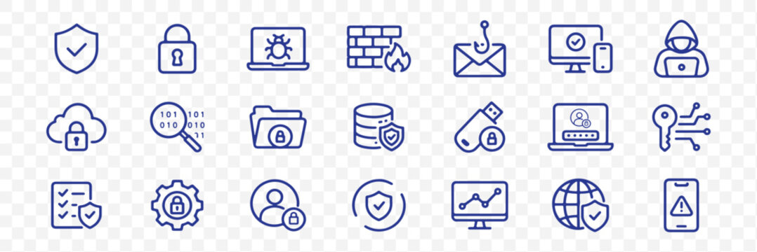 Cyber security icons set representing data protection, firewall, encryption, hacking prevention, secure network, privacy, authentication and digital safety . Editable Stroke.