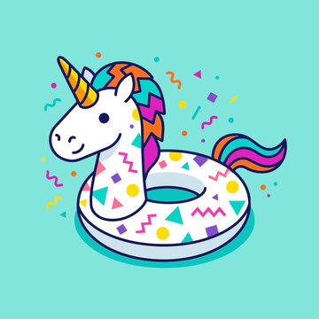 Cute unicorn inflatable pool float with colorful abstract shapes and confetti