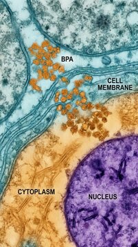 Bpa chemical particulate, derived from plastic materials, visualizing intracellular accumulation near a cell membrane, exposing the environmental dangers and potential organismal toxicity.