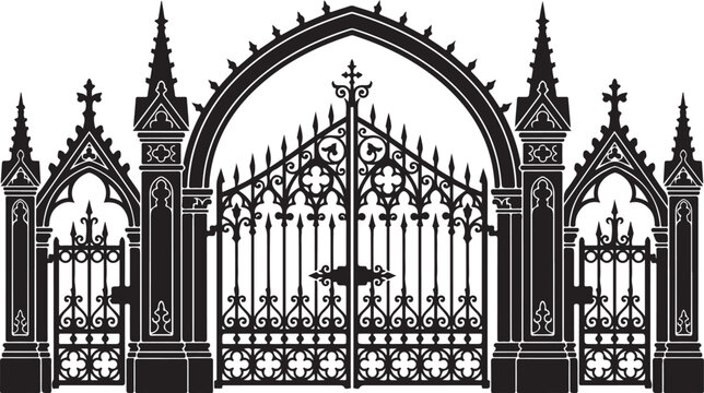 Detailed gothic archway and cathedral style gates silhouette with decorative pointed spires and ornamental metal work vector.
