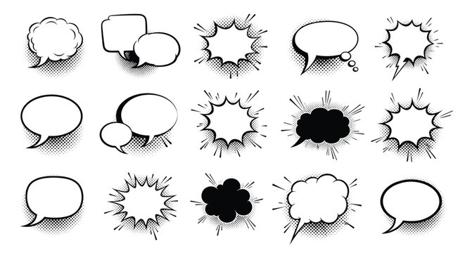 Collection of black and white cartoon comic speech bubbles, text boxes, and action frames with retro halftone dot effects.