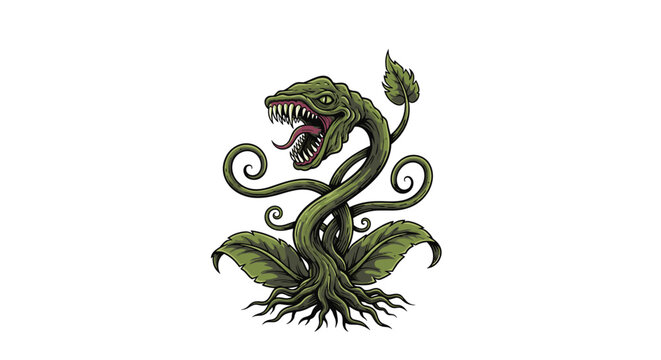 Green carnivorous monster plant with sharp teeth and open mouth ready to bite is depicted in a detailed illustration.