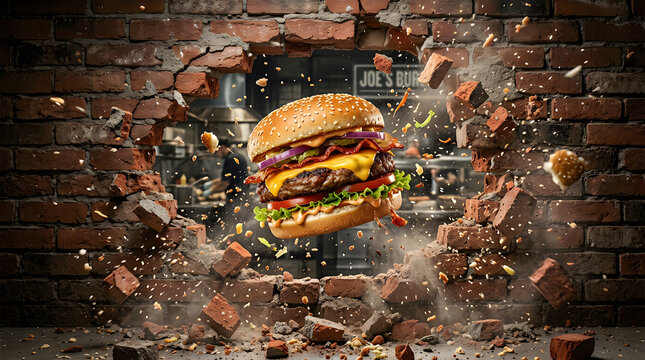Double cheeseburger, breaking through brick wall, explosion, fast food