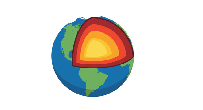 Educational illustration of planet earth showing its internal structure and core layers from crust to inner core.