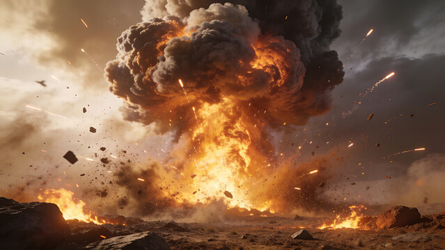 Explosion occurs in a desert area during daylight with smoke and fire rising to the sky