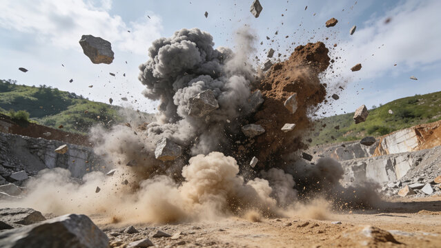 Explosions occur at a quarry site as rocks are blasted during rock mining operations