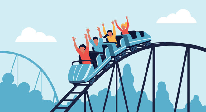 Thrilled young people raising their hands in excitement while riding a fast roller coaster at theme park.