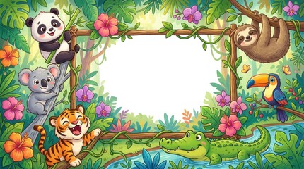 Fototapeta premium Cute Jungle Animals Frame with Tropical Plants and Flowers.