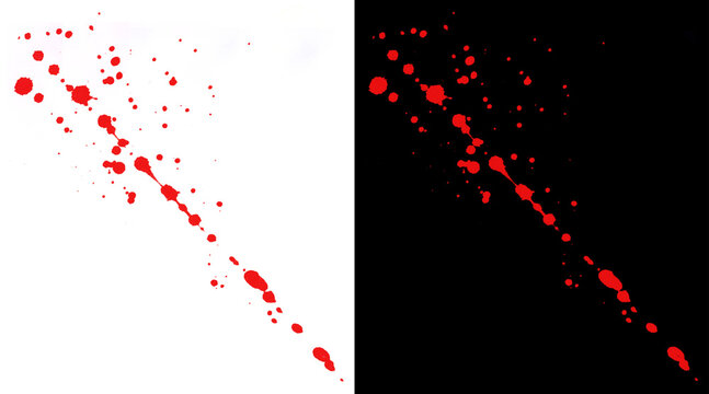 Red blood splatter texture on white and black backgrounds, realistic liquid splash droplets, forensic crime scene bloodstain pattern