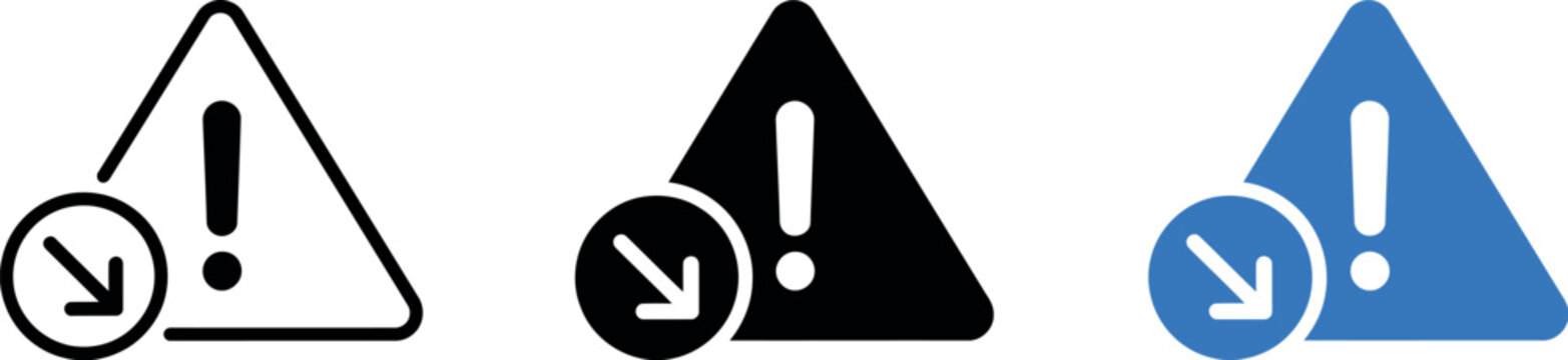 Warning triangle alert icons with diagonal down arrow set isolated on transparent background vector. Vector illustration