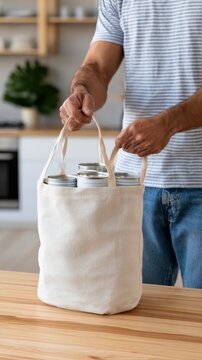 A hand puts canned food into a backpack in a kitchen, with a soft background that highlights the activity and purpose