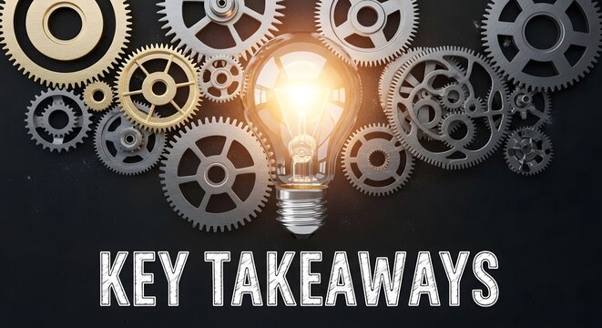 Glowing light bulb with gears symbolizing key takeaways concept