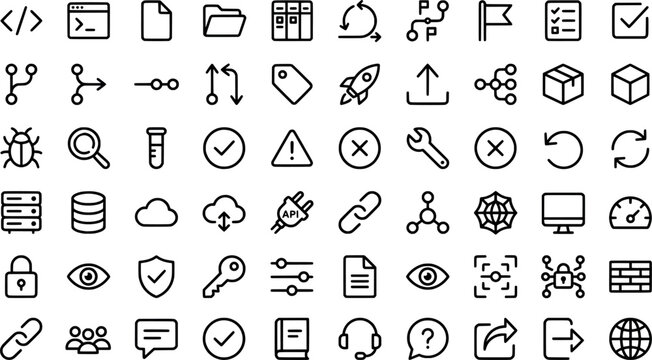 Set of 80 thin line icons for software development, programming, and it infrastructure, isolated on white background transparent background