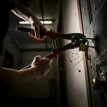 Close-up of hands using bolt cutters to cut a padlock on a door