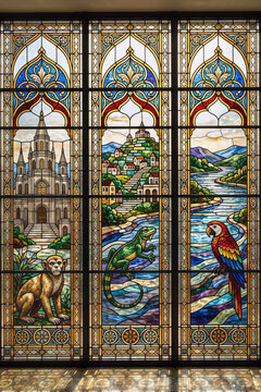 Vitrales coloridos de la ciudad de Guayaquil-Ecuador con animales s&iacute;mbolos
