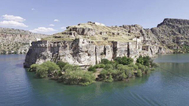 Cinematic Drone Flight Around Rumkale Historic Fortress on the Euphrates River in Gaziantep, Turkey