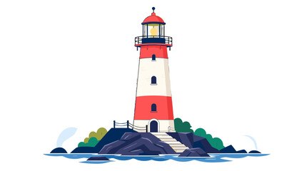 Fototapeta premium Red and white lighthouse on rocky island vector illustration