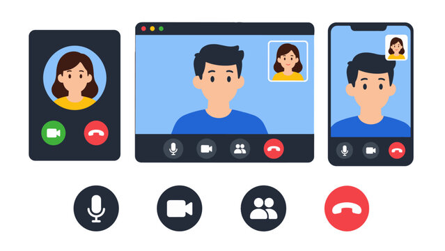 Video conference app interface with call screens and control icons