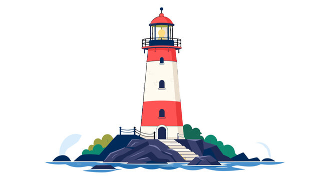 Red and white lighthouse on rocky island vector illustration