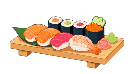 Japanese sushi assortment icon set on wooden serving board © Andrei