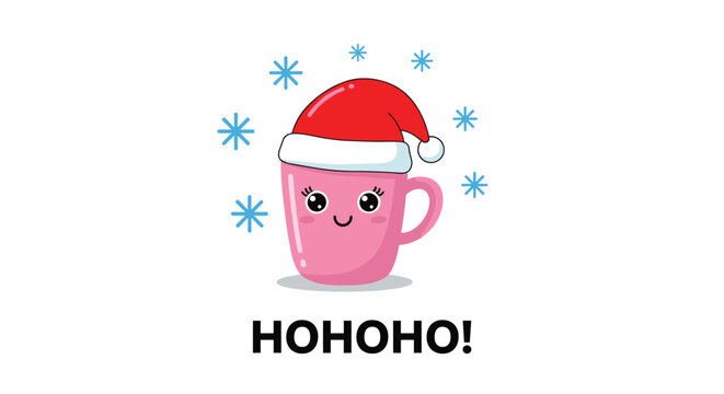 Festive pink mug wearing a red and white santa claus hat, surrounded by blue snowflakes and the text hohoho at the bottom.